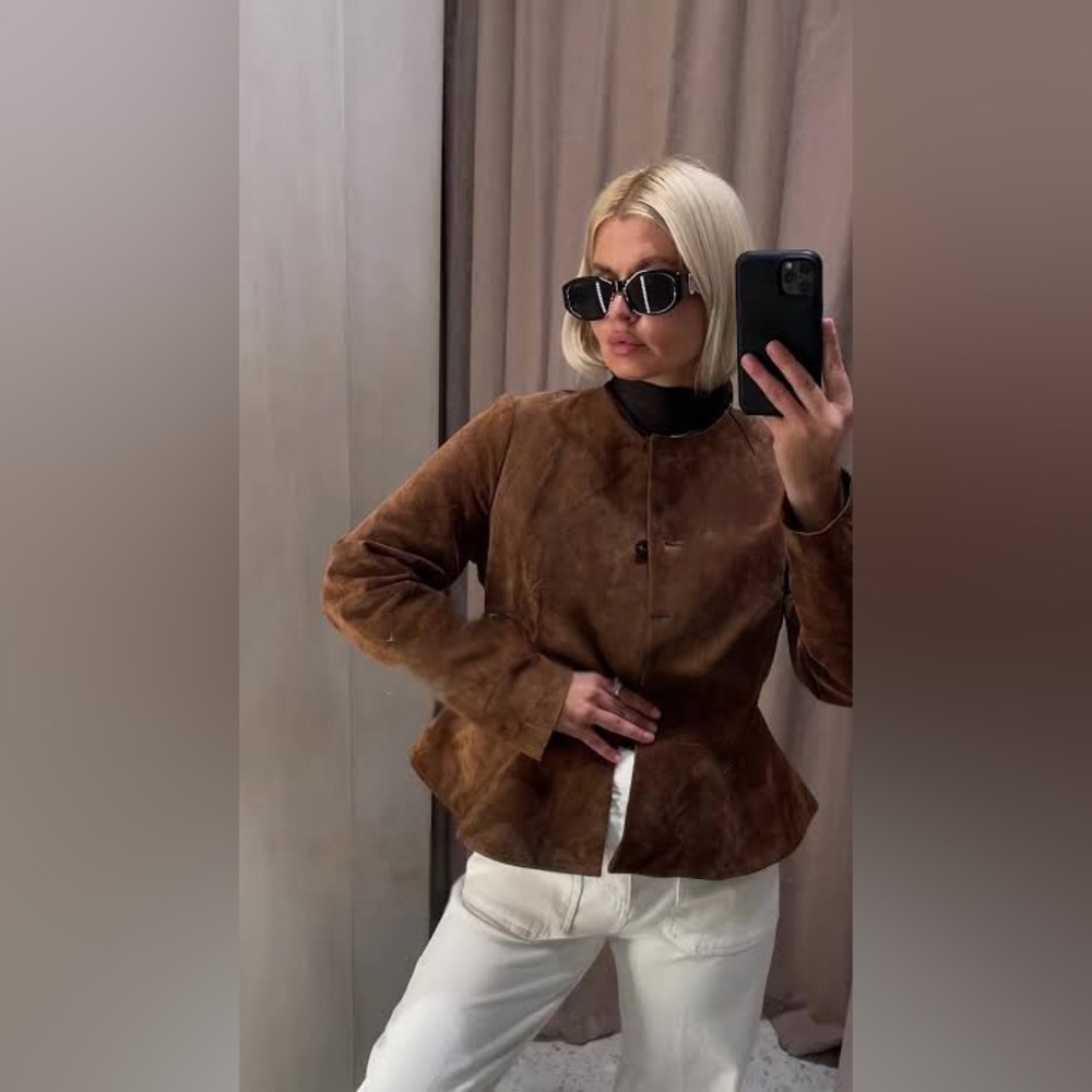 100% SUEDE LEATHER FLARED HEM JACKET - Picture 3 of 16